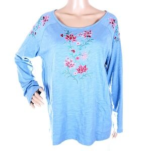 Z Floral Embroidered Women Top Long Sleeves Blue Size L - NWT